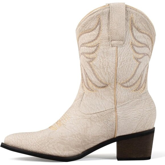 🆕 Women's White Snip Toe Western Ankle Boots Faux Leather Cowgirl Booties - Picture 4 of 6